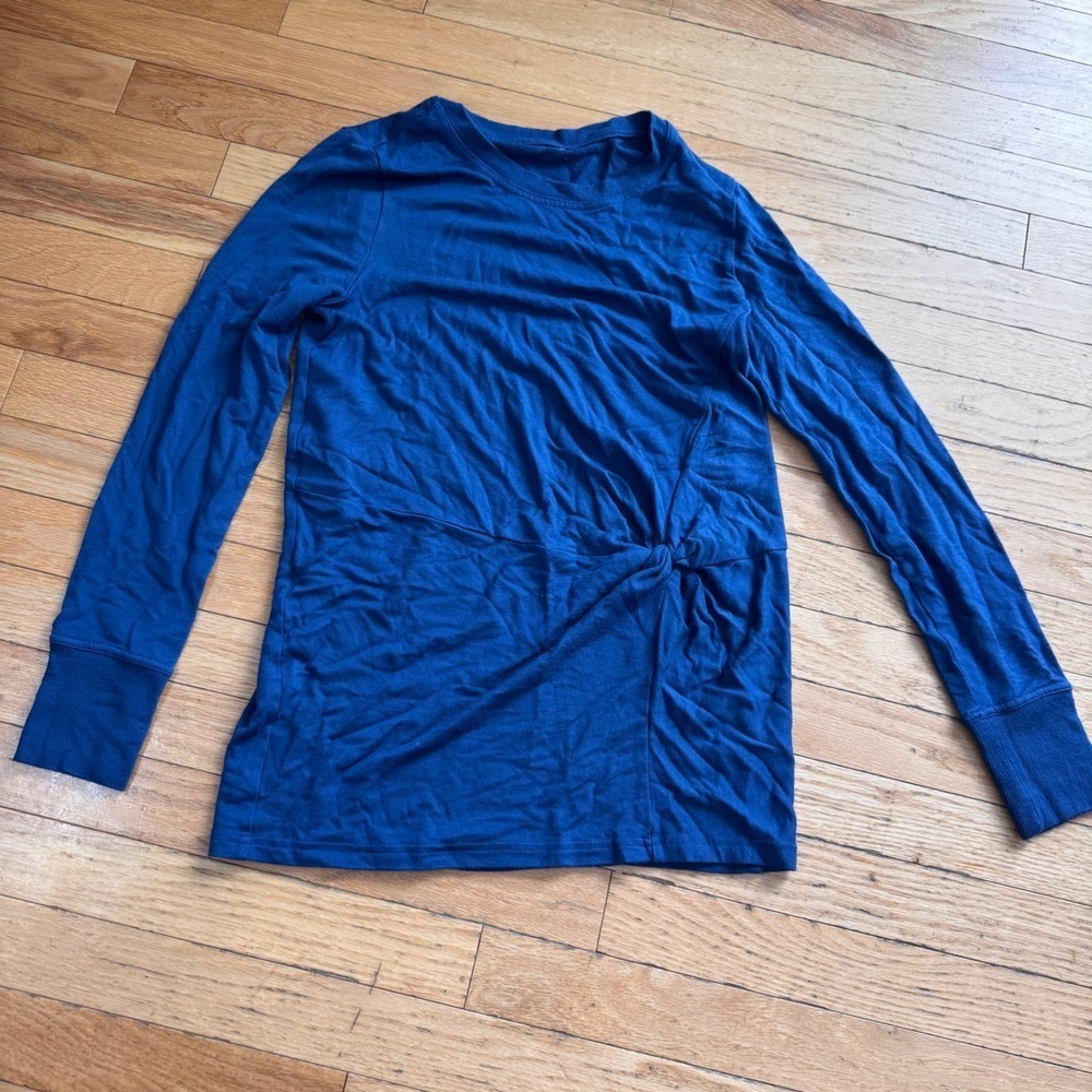 Athleta Women Blue Twist Front Long Sleeve Modal Blend Top Crew Neck RN